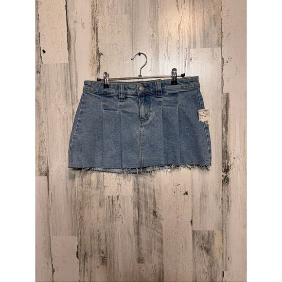 Cello Dresses & Skirts - Cello Blue Denim Pleated Mini Skirt | Raw Hem Jean Skirt Size Small